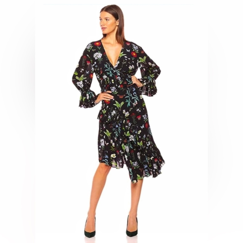 Joie Analena Black Floral Print w/ V Neck Pleated Ruffle Midi Dress size small
